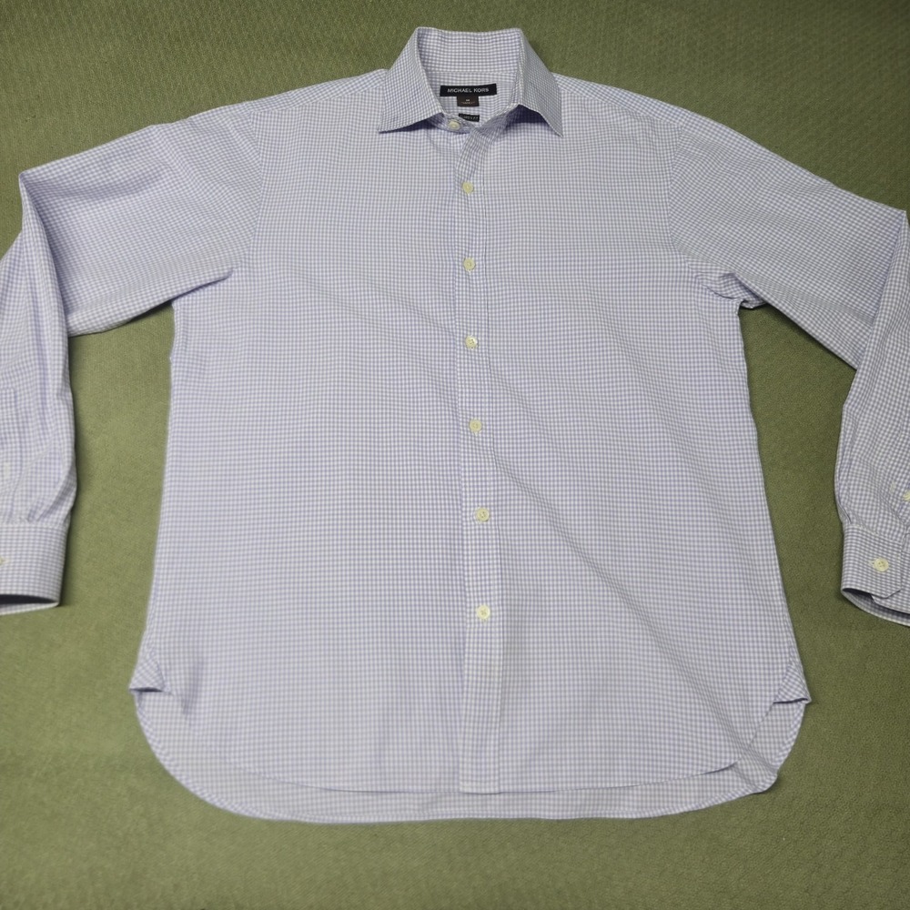 Michael Kors Mens Shirt Medium Classic Fit Blue White Micro Gingham Long Sleeve